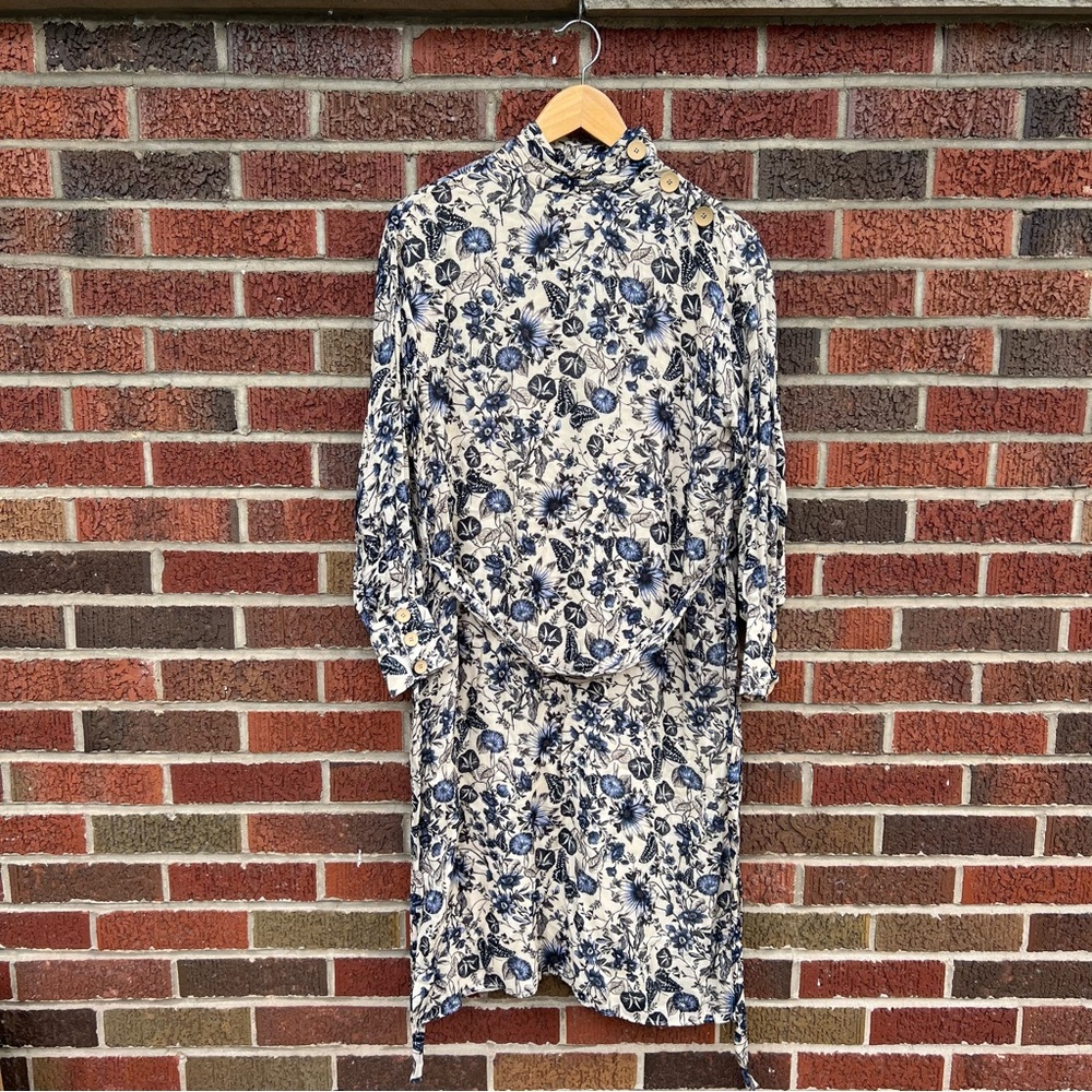 Zara Cream and Blue Floral Print Button Mock Neck Belted Long Sleeve Midi Dress